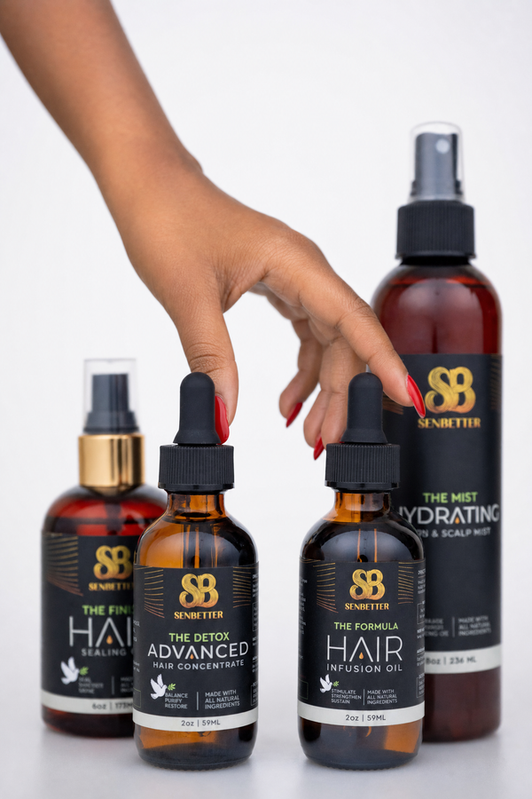 Female hand reaching for Senbetter botanical hair oil products